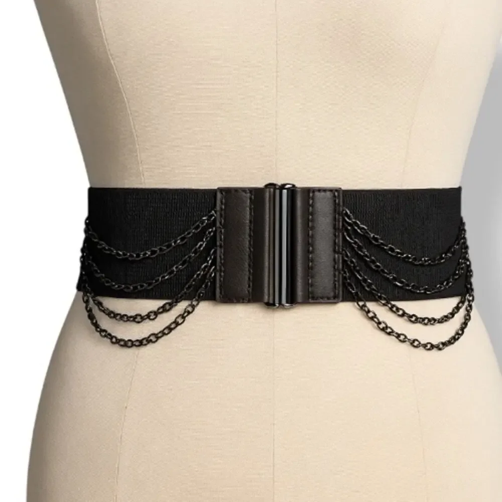 Vintage Y2K Brown‎ Leather Layered Chain Belt Festival Statement Edgy Accessory